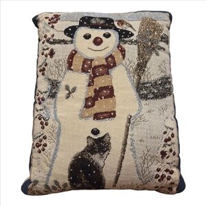Vintage Holiday Tapestry Pillow Snowman Cat 12"x16"